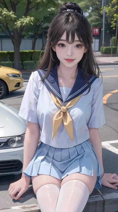 1girl, golden hair, yellow hair,large breasts,long hair,pantyhose, Chinese style garden,pond, shiny skin,shiny face,cars on the street,(ultra high res,photorealistic,realistic,best quality,photo-realistic), (((high detailed skin,visible pores))),(real person,photograph),((mix4)), (8k, raw photo, best quality, masterpiece),(1 japanese girl),photon mapping, radiosity, physically-based rendering,automatic white balance,(haunting smile,moist lips),watery eyes, (blush|cute and playful|adorable|thick bangs|beauty),(milf:1.4),   <lora:jkUniform_v20:0.5>, JK_style,short-sleeved JK_shirt ,short-sleeved JK_sailor,JK_suit,JK_tie