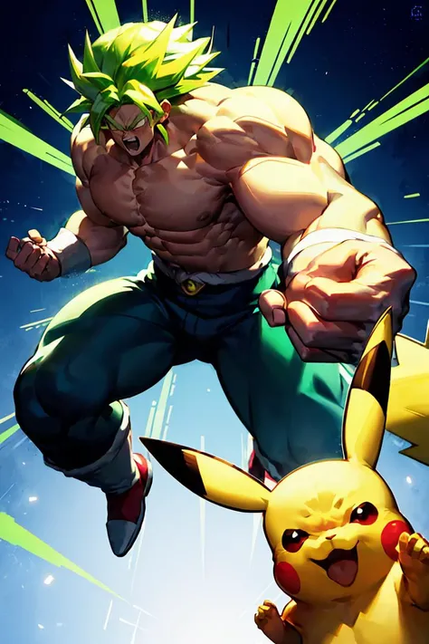 <lora:Broly_LoRA:1>, broly, legendary super saiyan, green hair, spiky hair, white eyes, muscular, tall, black bracelets, (pikachu:1.2),