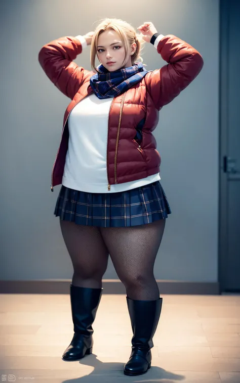 1girl, full body of re4ashley, arms up, orange jacket, scarf, black plaid skirt, pantyhouse, boots, athletic, dark old room, volumetric lighting, best quality, masterpiece, intricate details, tonemapping, sharp focus, hyper detailed, trending on Artstation, realistic, <lora:sxz-ashley-graham:0.6>
<lora:obeseGirlsConcept_v10:1>