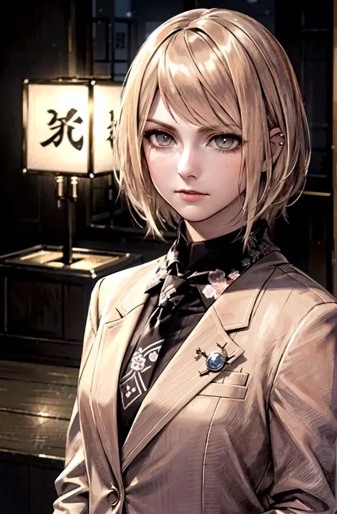 masterpiece, best quality, sharp image, detailed skin,depth of field, dslr photo, realistic, sharp focus, raytracing, piercing gaze,(serious expression, scoff), cowboy shot, deep eyes, detailed pupils
(black suit,yakuza outfit, tie), (traditional japanese art background:1.2), (yakuza family pin on clothes:1.2),
cinematic lighting, perfect composition,  <lora:sxzAshleyGrahamEllaFreya_sxzAshleyGraham:0.6>, short blonde hair