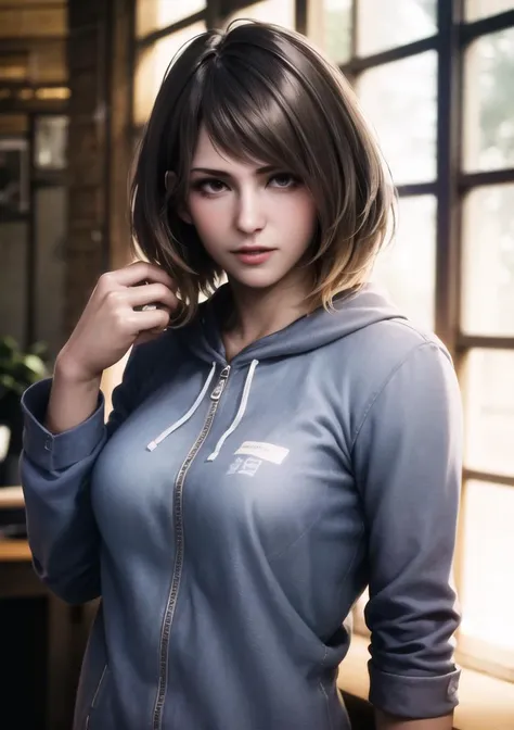 1girl, re4ashley, <lora:sxzAshleyGrahamEllaFreya_sxzAshleyGraham:0.6>, zip hoodie, oversize tshirt, jeans, casual wear, RAW photo, best quality, high resolution, (masterpiece), modelshoot style, analog style, posing, tonemapping, (photorealistic:1.3), professional photography, sharp focus, HDR, 8K resolution, intricate detail, sophisticated detail, hyper detailed, (depth of field), highlight and shadow, volumetric lighting, cinematic bloom, professional light, (daytime), indoor, cafe, by the window, holding coffee, looking away, upper body shot