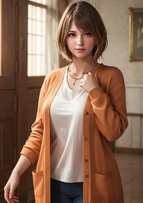 1girl, re4ashley, <lora:sxzAshleyGrahamEllaFreya_sxzAshleyGraham:0.6>, cardigan, oversize tshirt, jeans, casual wear, RAW photo, best quality, high resolution, (masterpiece), modelshoot style, analog style, posing, tonemapping, photorealistic, professional photography, sharp focus, HDR, 8K resolution, intricate detail, sophisticated detail, hyper detailed, (depth of field), highlight and shadow, volumetric lighting, cinematic bloom, professional light, (daytime), indoor, modern university hall, looking at viewer, upper body shot