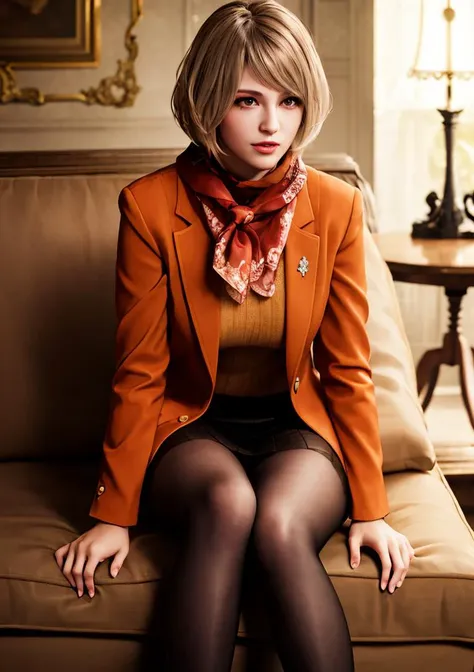 1girl, re4ashley, orange jacket, scarf, black skirt, pantyhose, boots, young, perfect nose, <lora:sxzAshleyGrahamEllaFreya_sxzAshleyGraham:0.8>, highly detailed skin, warm skin tone, RAW photo, best quality, high resolution, (masterpiece), dreamlike, dreamy, floaty, modelshoot style, analog style, tonemapping, photorealistic, professional photography, sharp focus, HDR, 8K resolution, intricate detail, sophisticated detail, hyper detailed, (depth of field), highlight and shadow, volumetric lighting, cinematic lighting, professional light, inside mansion, couch, sofa, looking at viewer, half body shot, blotchy makeup