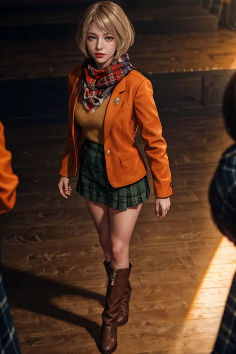 highres,absurdres,masterpiece,best quality,original,extremely detailed CG,extremely detailed wallpaper,perfect lighting,standing on the stage,lips,jitome,makeup,blurry background,from above,looking at viewer,
<lora:sxz-ashley-graham:0.6>,re4ashley,orange jacket,scarf,black plaid skirt,pantyhouse,boots,