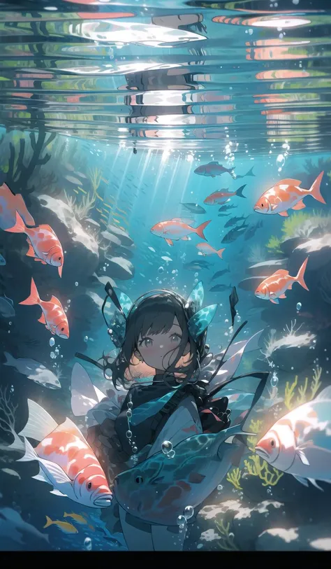 1girl, solo, fish, underwater,looking at viewer, bubble, bangs, coral, , sunlight, air bubble, ribbon <lora:waterlight-000007:1>