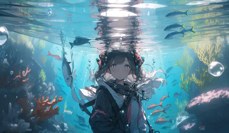 1girl, solo, fish, underwater,looking at viewer, bubble, bangs, coral, , sunlight, air bubble, ribbon <lora:waterlight-000007:1>
