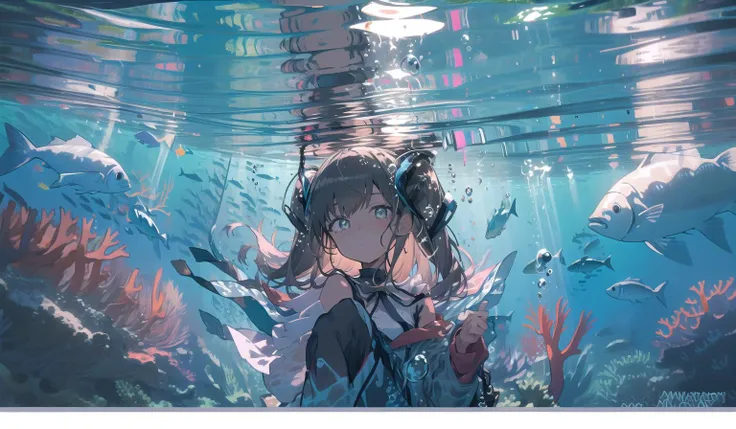 1girl, solo, fish, underwater,looking at viewer, bubble, bangs, coral, , sunlight, air bubble, ribbon <lora:waterlight-000007:1>