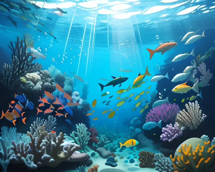 Underwater. Off-white irregular sand, smooth pebbles, coral reef, algae, many colorful tropical fish, bubbles.
High Contrast, High Saturation, Highly detailed, high quality, masterpiece, ethereal, particle effect, volumetric light, light rays, silver filigree, vibrant colors, depth of field.
<lora:landscapes-6-2023-04-27-120356-6faaedf2:0.5>
<lora:waterlight:1>
