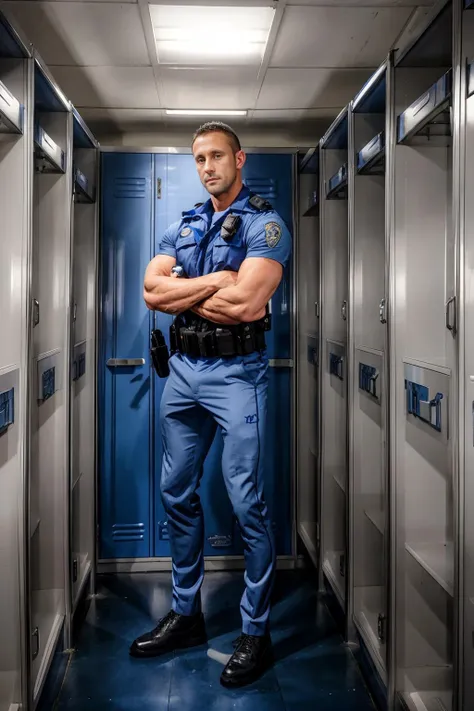 police station locker room, standing in front of a bay of lockers, MylesLandon, blue-color, (((full body portrait))), wide angle <lora:MylesLandon:0.8>   <lora:Clothing - Sexy Police Officer:0.7>