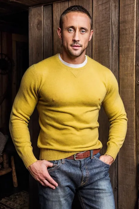 <lora:MylesLandon:0.8> MylesLandon, wearing a cashmere sweater and jeans, at the cabin in the woods