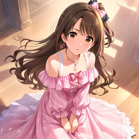 (masterpiece),(best quality),(ultra-detailed),(best illustration),(best shadow),(absurdres),(detailed background),(very aesthetic),uzuki shimamura, idoloutfit, pink dress, brown hair, dress, bow,  long hair, hair bow, jewelry, earrings <lora:uzukishimamurav1:1>