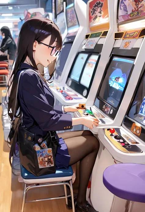 masterpiece, best quality, very aesthetic, absurdres,
1girl, solo, glasses, black hair, long hair, navy jacket, navy pleated skirt, pantyhose, black bag, smile, sitting, solo focus, from side, playing games, 
game_center, scenery, japan, arcade cabinet, scenery, chair, poster (object), 
<lora:game_center_SDXL_V1:1>