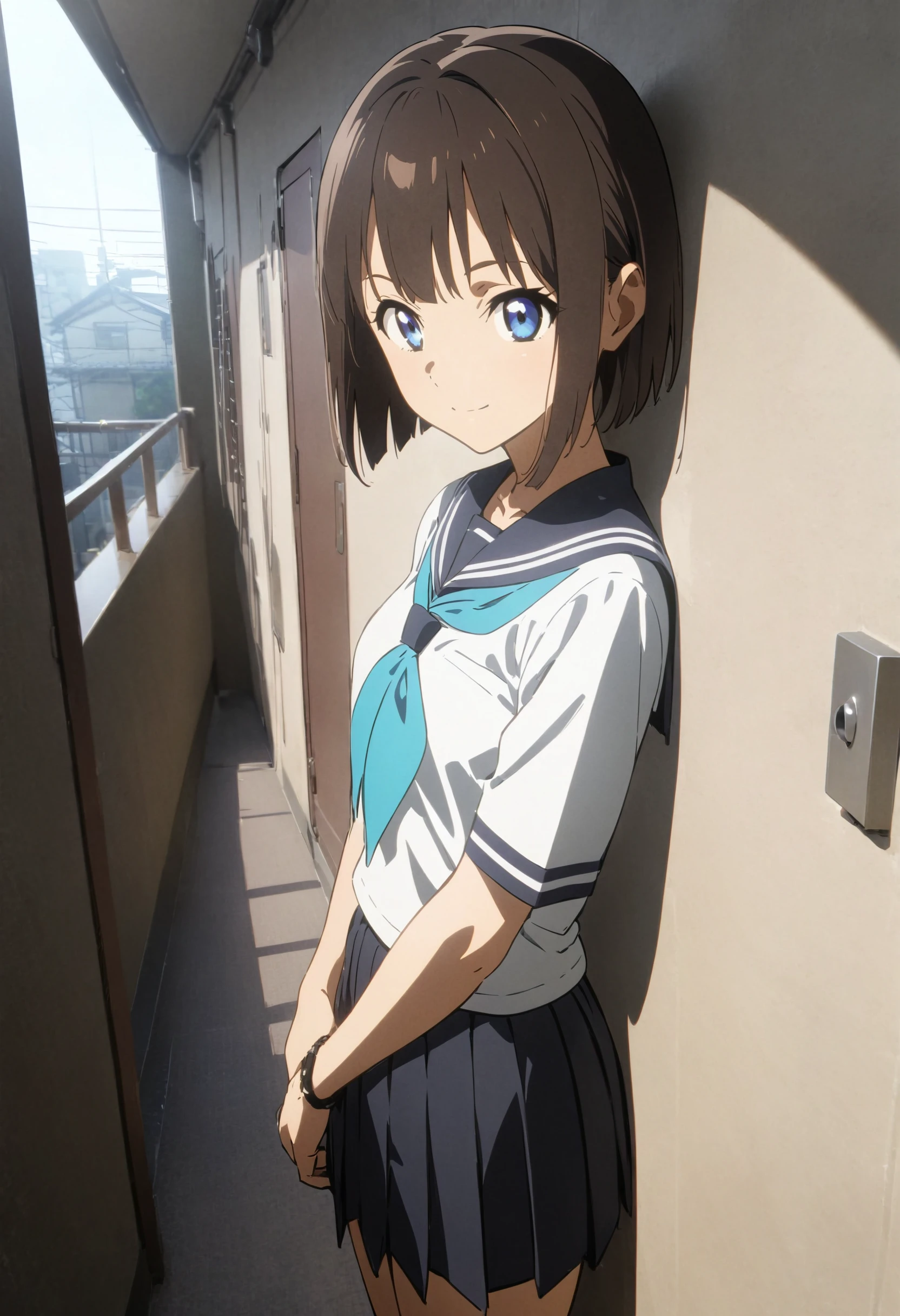 1girl, original, (solo:1.1), standing, , against wall, from side, cowboy shot, athletic, medium breasts, intricate dark brown hair, blue eyes, (bob cut:1.1), (short hair:1.1), (blunt ends:1.3), blunt bangs, left swept bangs, futuristic black bracelet on right wrist, smile, serafuku, white sailor shirt, dark blue pleated skirt, dark blue sailor collar, aqua neckerchief, short sleeves, detailed ultra photorealistic rouka, hallway, scenery, door, window, building, outdoors, Tokyo, noon, cinematic lighting, great lighting, detailed shadows, detailed body, anime artwork, anime style, key visual, vibrant, studio anime, highly detailed, newest, late, anime coloring, masterpiece, best quality, very aesthetic, absurdres, <lora:Perfect Hands v2:1> <lora:great_lighting:4> <lora:noribsXL_001_4:1> <lora:Difference_AnimeFace:1>, <lora:JProuka_apartment_hallway_SDXL_V1:1.0>