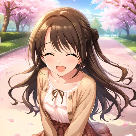 (masterpiece),(best quality),(ultra-detailed),(best illustration),(best shadow),(absurdres),(detailed background),(very aesthetic),uzuki shimamura, casualoutfit, brown hair, long hair, closed eyes, cherry blossoms, petals, smile, outdoors, sky, jewelry, open mouth <lora:uzukishimamurav1:1>