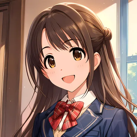 (masterpiece),(best quality),(ultra-detailed),(best illustration),(best shadow),(absurdres),(detailed background),(very aesthetic),uzuki shimamura, defaultoutfit, 1girl, solo, long hair, brown hair, brown eyes, school uniform, open mouth, smile, jacket, blazer, portrait <lora:uzukishimamurav1:1>