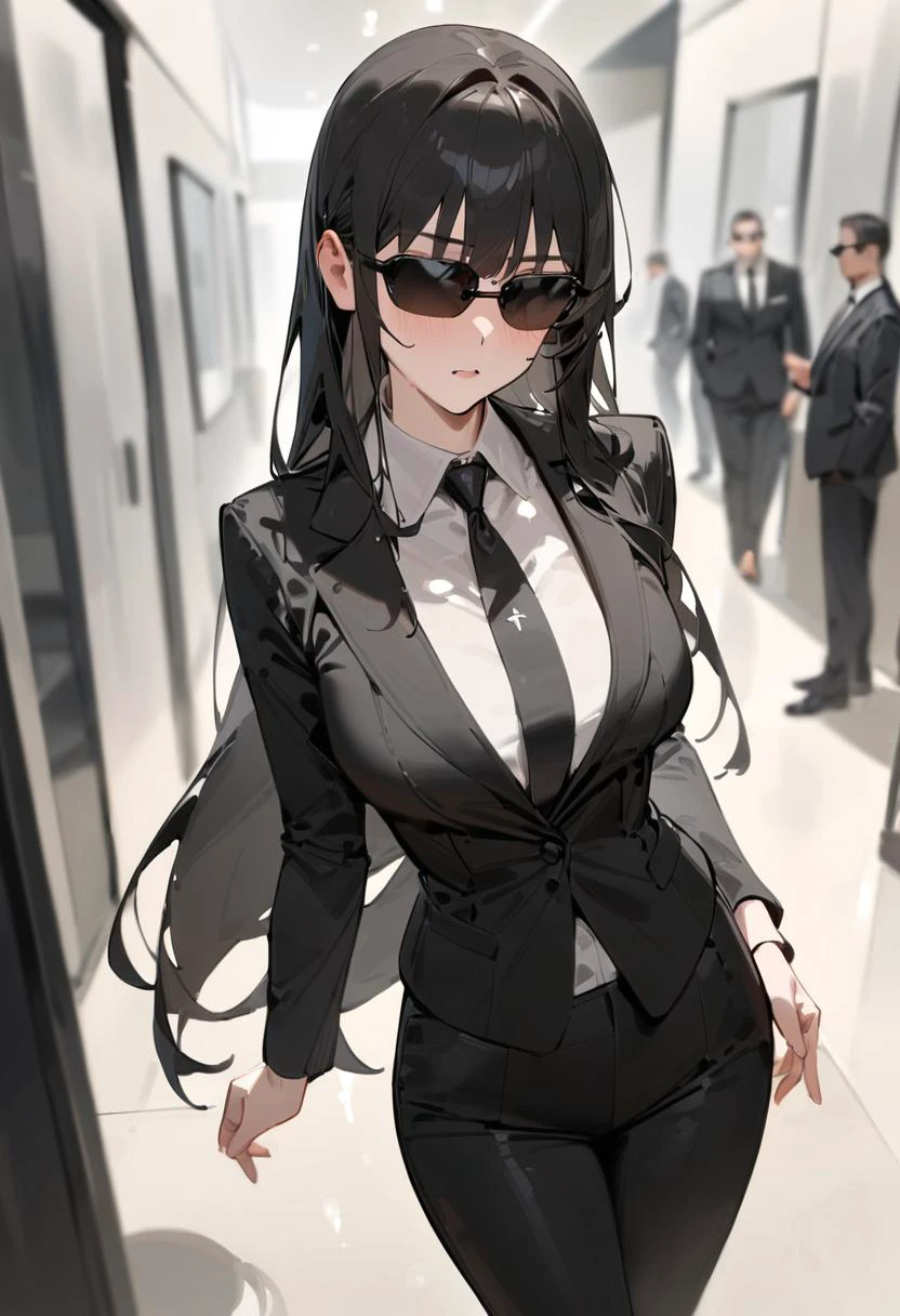 masterpiece, best quality, very aesthetic, absurdres,
1girl, solo, black hair, long hair,
agtsg, sunglasses, dark black-tinted eyewear,
formal, black suit, black necktie, covered eyes,
<lora:sunglasses_agent_smith_SDXL_V1:1>
