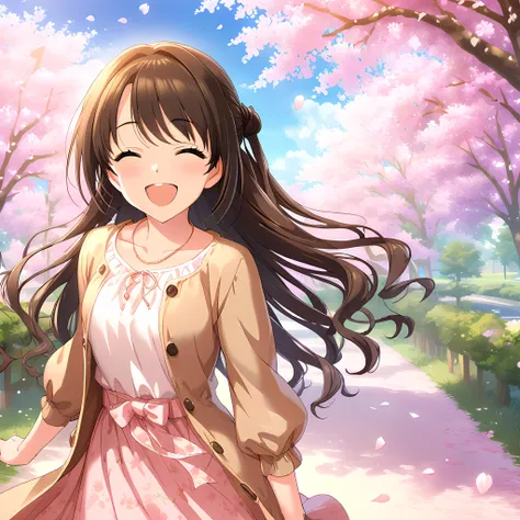 (masterpiece),(best quality),(ultra-detailed),(best illustration),(best shadow),(absurdres),(detailed background),(very aesthetic),uzuki shimamura, casualoutfit, brown hair, long hair, closed eyes, cherry blossoms, petals, smile, outdoors, sky, jewelry, open mouth <lora:uzukishimamurav1:1>