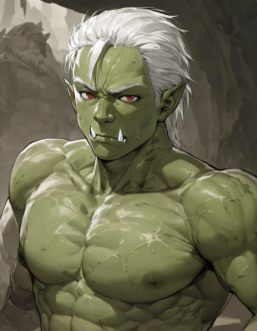 from front, 1boy, monster, orc boy, half orc, (human young face, human nose:1.2), prime age, bridged nose, brawny warrior, solo, solo focus, frontal face, standing, upper body, (green colored all skin:1.2), tattoo on skin, sword wounds all over the skin, protruding blood vessels on skin, glistening skin, (white hair, short hair, side back bangs, forehead:1.4), short pointy ears, sanpaku eyes, red eyes, closed mouth, (under fangs, boar tusk:1.4), (thick neck, thick clavicle, large trapezius muscle, large pectoralis major, large deltoids, thick biceps, thick triceps:1.4), ancient battlefield background, after the war, masterpiece, amazing quality, best quality, high quality, ultra detailed, best quality, insanely detailed, 8k, ultra high res, absurdres, absolutely resolution