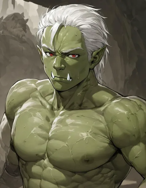 from front, 1boy, monster, orc boy, half orc, (human young face, human nose:1.2), prime age, bridged nose, brawny warrior, solo, solo focus, frontal face, standing, upper body, (green colored all skin:1.2), tattoo on skin, sword wounds all over the skin, protruding blood vessels on skin, glistening skin, (white hair, short hair, side back bangs, forehead:1.4), short pointy ears, sanpaku eyes, red eyes, closed mouth, (under fangs, boar tusk:1.4), (thick neck, thick clavicle, large trapezius muscle, large pectoralis major, large deltoids, thick biceps, thick triceps:1.4), ancient battlefield background, after the war, masterpiece, amazing quality, best quality, high quality, ultra detailed, best quality, insanely detailed, 8k, ultra high res, absurdres, absolutely resolution