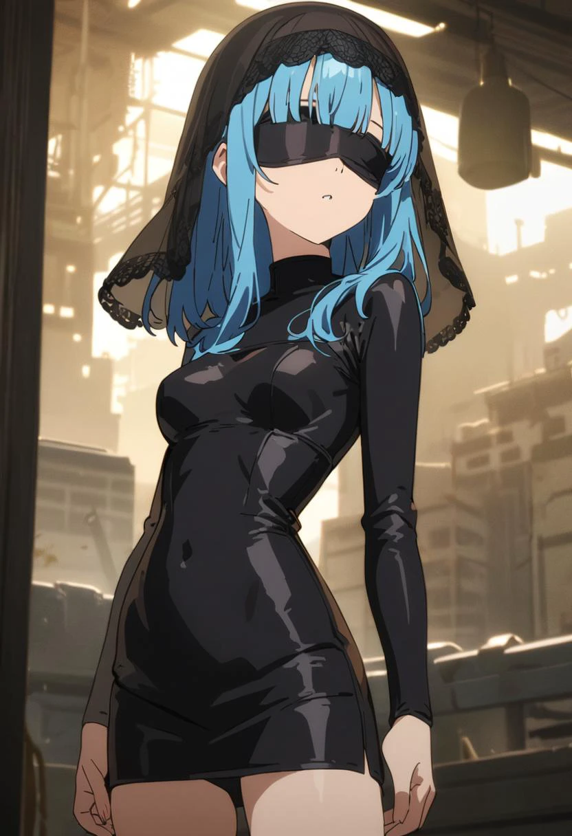 anime_coloring, anime_screencap, 1girl, ite, (black_veil:1.2), (black_blindfold:1.3), eyeless, medium_hair, straight_hair, blunt_bangs, medium_breasts, tight_clothes, brown_pencil_dress, long_sleeves, low_heels, upper body, looking_away, factry, steel_frame, indoors, ruined_city, dust, (fluorescent_light:1.1), cinematic_lighting, great_lighting, BREAK, (deep_blue_hair:1.1), BREAK, masterpiece, best quality, very aesthetic, absurdres, highly detailed, newest, <lora:Difference_AnimeFace:0.6>,<lora:great_lighting:2>,