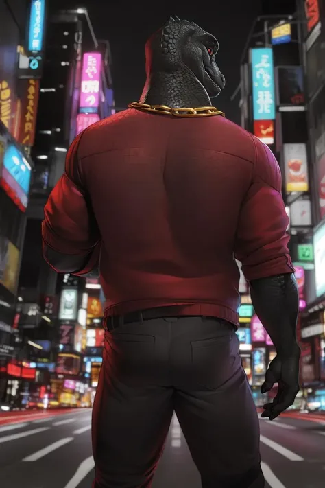 (by tojo the thief, by darkgem, by narse), thunder (fortnite), male, solo, black body, scales, komodo dragon, lizard, (tail), topwear, monitor lizard, anthro, rear view, red jacket, gold chain, tokyo, street, neon lights
