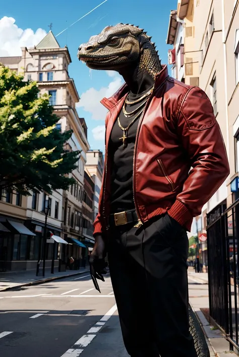 thunder,komodo dragon,anthro lizard, male, solo, black scales,(tail),(monitor lizard head), red jacket, black pants, gold chain,
outside, town, looking at camera, blue sky, standing,
hdr, extremely detailed, colorful, natural lighting, <lora:ThunderFRL22nO:.8>