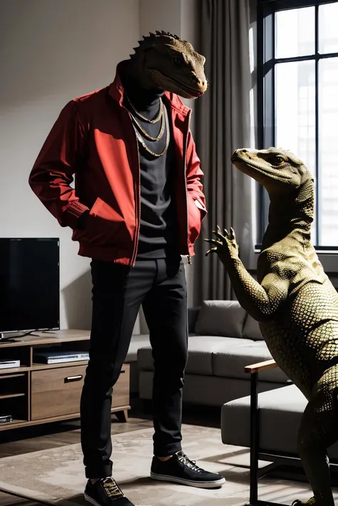 thunder,komodo dragon,anthro lizard, male, solo, black scales, (tail),(monitor lizard head), red jacket, gold chain, black pants, black shoes, indoors, living room, <lora:ThunderFRL22nO:.7>
