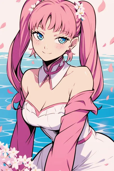 <lora:stretchy:0.6>,absurdres,hotify,inzaniak,dress,pink_hair,smile,twin_braids,water,white_background,hair_over_shoulder,petals,detached_sleeves,twintails,white_dress,long_bangs,peach_blossom,dot_nose,cleavage_cutout,closed_mouth,white_sleeves