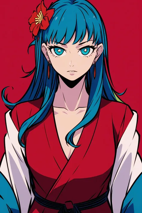 <lora:stretchy:0.6>,absurdres,hotify,inzaniak,jewelry,red_jacket,looking_at_viewer,solo,aqua_background,acrylic_paint_(medium),long_hair,jacket,earrings,flower,shisu_tk,obi,red_flower,upper_body,holding,1girl,constricted_pupils