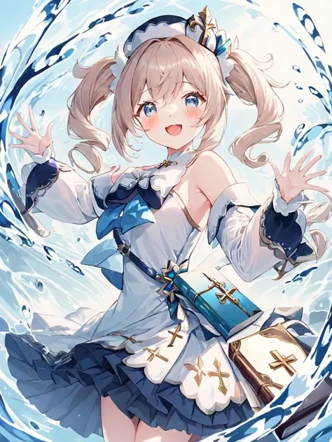 ultra-detailed,(best quality),((masterpiece)),(highres),extremely,<lora:Barbarax_xl:1>,Barbara,1girl,solo,twintails,dress,smile,open mouth,white dress,detached sleeves,long sleeves,looking at viewer,water,:d,bow,hat,white sleeves,blush,outstretched arms,bare shoulders,white headwear,book,hair between eyes,twin drills,latin cross,