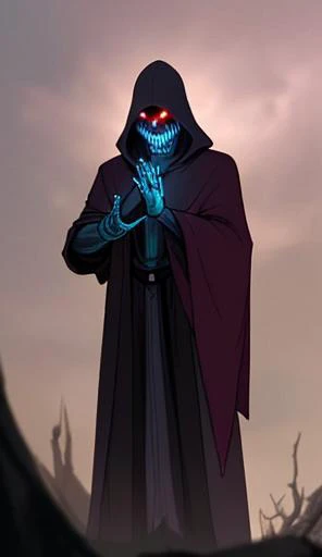 horror \(theme\), dripping_blood,background mountain of pile of corpses, anorexia,long_arms, sharp teeth, sharp fingernails, glowing eyes, green eyes, black trench coat,black cowboy hat, HorrorFantasy, kkw-FX-glowline