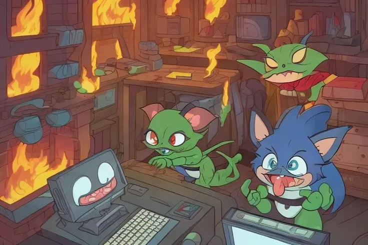 masterpiece, best quality, ultra-detailed, light tracing, 2d animation, cute sneaky gremlins breaking computers, fires, sparks, (animation) (flat color illustration:1.1) (best quality:1.2) (clean lines)