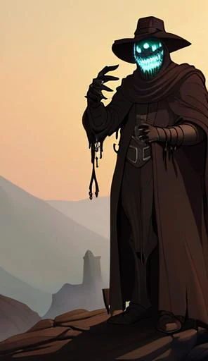horror \(theme\), dripping_blood,background mountain of pile of corpses, anorexia,long_arms, sharp teeth, sharp fingernails, glowing eyes, green eyes, black trench coat,black cowboy hat, HorrorFantasy