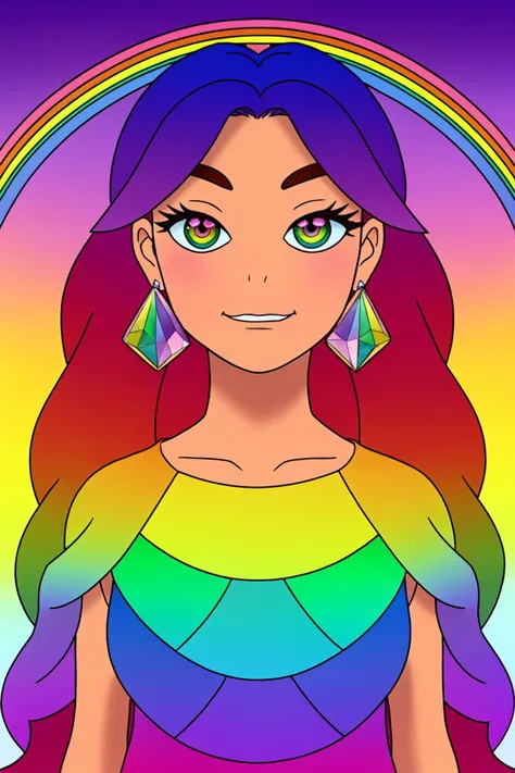masterpiece, ultra-detailed, best quality, illustration, 8k cg wallpaper, an extremely delicate and beautiful, 1girl, solo, dynamic pose, dynamic angle, perfect anatomy, cute face, smiling, blushing, sparkling eyes, (((((gradient multicolored rainbow eyes))))), beautiful detailed eyes, (((((gradient multicolored rainbow hair))))), long hair, floating hair, cute hair accessories, cute earrings, cute necklace, slim body, ((large breasts)), ((((gradient multicolored rainbow dress)))), cute arm accessories, perfect legs, cute leg accessories, cute, pretty, beautiful, sexy, perfect body, sharp focus, warm lighting, depth of field, (background: small crystal shards, broken glass, small prism shards, rainbows, rainbow aura, reflections, refractions, shimmering, surreal, intricately detailed items in background)