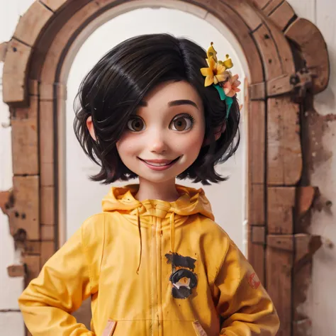 digital artwork, adorable, whimsical, contour, mysterious, 1girl, black hair, brown eyes, dress, hair ornament, long sleeves, looking at viewer, short hair, simple background, smile, solo, traditional media, upper body, white background, yellow jacket, yellow shirt <lora:Slava Ilyayev:0.2>,  <lora:StopMotionC_Style:0.90>