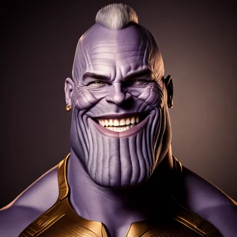 portrait photo of thnos, 1man, muscular, (mohawk haircut:1.2), smiling