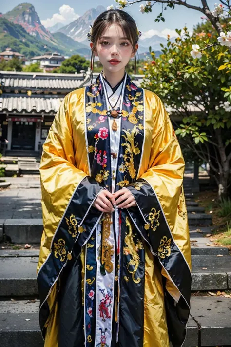 ((masterpiece), (best quality), ultra high res, (raw photo:1.2), (photorealistic:1.4), Exceptional detail, dramatic lighting, highres, 8k, absurdres, 1boy, Chinese, (Daoist_robe:1.3), black daoist_robe, outdoor, Chinese Ancient , looking at viewer, landscape, cherry blossom, <lora:Daoist_Robe-000005:0.65>,
ulzzang-6500:0.7,
<lora:locsChinaLandscapes_locsChinaLandscapes:0.55> chinese, mountains, ancient chinese style landscape painting, mountains in front, beautiful winding green river behind, high line detail, high resolution, ultra high quality, epic composition, cinematic lighting, masterpiece, bold complimentary colors <lora:Chinese_Long_Beard_v2-000002:1> chinese long beard,