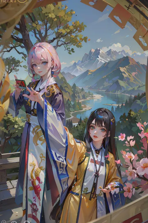 ((masterpiece), (best quality), ultra high res, (raw photo:1.2), (photorealistic:1.4), Exceptional detail, dramatic lighting, highres, 8k, absurdres, (pov from above:1.3),(close up:1.1), (selfie:1.3), (3girls:1.4), (Daoist_robe:1.3), daoist_robe, outdoor, Chinese Ancient , looking at viewer, landscape, cherry blossom, <lora:Daoist_Robe-000005:0.65>,
ulzzang-6500:0.7,
<lora:locsChinaLandscapes_locsChinaLandscapes:0.5> chinese, mountains, ancient chinese style landscape painting, mountains in front, beautiful winding green river behind, high resolution,epic composition <lora:yaeMikoRealistic_yaemikoMixed:0.6>