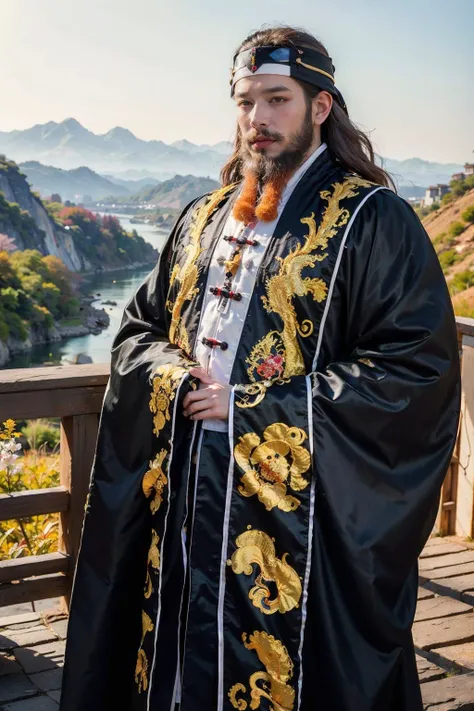 ((masterpiece), (best quality), ultra high res, (raw photo:1.2), (photorealistic:1.4), Exceptional detail, dramatic lighting, highres,   8k, absurdres,  1boy, Chinese, (Daoist_robe:1.3), black daoist_robe, outdoor, Chinese Ancient ,  looking at viewer, landscape, cherry blossom,  <lora:Daoist_Robe-000005:0.65>,  
ulzzang-6500:0.7, 
<lora:locsChinaLandscapes_locsChinaLandscapes:0.55> chinese, mountains, ancient chinese style landscape painting, mountains in front, beautiful winding green river behind, high line detail, high resolution, ultra high quality,  epic composition, cinematic lighting, masterpiece, bold complimentary colors <lora:Chinese_Long_Beard_v2-000002:1> chinese long beard,