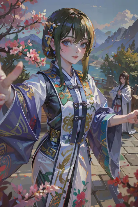 ((masterpiece), (best quality), ultra high res, (raw photo:1.2), (photorealistic:1.4), Exceptional detail, dramatic lighting, highres, 8k, absurdres, (pov from above:1.3),(close up:1.1), (selfie:1.3), (3girls:1.4), (Daoist_robe:1.3), daoist_robe, outdoor, Chinese Ancient , looking at viewer, landscape, cherry blossom, <lora:Daoist_Robe-000005:0.65>,
ulzzang-6500:0.7,
<lora:locsChinaLandscapes_locsChinaLandscapes:0.5> chinese, mountains, ancient chinese style landscape painting, mountains in front, beautiful winding green river behind, high resolution,epic composition <lora:yaeMikoRealistic_yaemikoMixed:0.6>