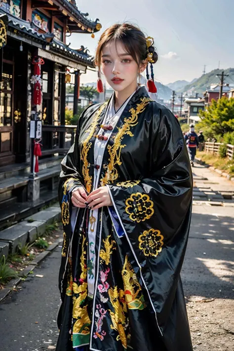 ((masterpiece), (best quality), ultra high res, (raw photo:1.2), (photorealistic:1.4), Exceptional detail, dramatic lighting, highres, 8k, absurdres, 1boy, Chinese, (Daoist_robe:1.3), black daoist_robe, outdoor, Chinese Ancient , looking at viewer, landscape, cherry blossom, <lora:Daoist_Robe-000005:0.65>,
ulzzang-6500:0.7,
<lora:locsChinaLandscapes_locsChinaLandscapes:0.55> chinese, mountains, ancient chinese style landscape painting, mountains in front, beautiful winding green river behind, high line detail, high resolution, ultra high quality, epic composition, cinematic lighting, masterpiece, bold complimentary colors <lora:Chinese_Long_Beard_v2-000002:1> chinese long beard,
