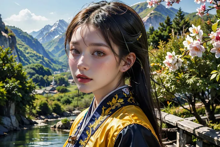 ((masterpiece), (best quality), ultra high res, (raw photo:1.2), (photorealistic:1.4), Exceptional detail, dramatic lighting, highres, 8k, absurdres, 1boy, Chinese, (Daoist_robe:1.3), black daoist_robe, outdoor, Chinese Ancient , looking at viewer, landscape, cherry blossom, <lora:Daoist_Robe-000005:0.65>,
ulzzang-6500:0.7,
<lora:locsChinaLandscapes_locsChinaLandscapes:0.55> chinese, mountains, ancient chinese style landscape painting, mountains in front, beautiful winding green river behind, high line detail, high resolution, ultra high quality, epic composition, cinematic lighting, masterpiece, bold complimentary colors <lora:Chinese_Long_Beard_v2-000002:1> chinese long beard,