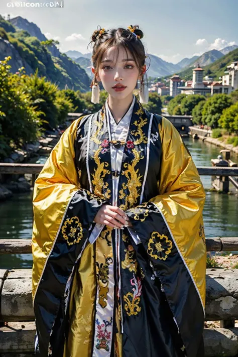 ((masterpiece), (best quality), ultra high res, (raw photo:1.2), (photorealistic:1.4), Exceptional detail, dramatic lighting, highres,   8k, absurdres,  1boy, Chinese, (Daoist_robe:1.3), black daoist_robe, outdoor, Chinese Ancient ,  looking at viewer, landscape, cherry blossom,  <lora:Daoist_Robe-000005:0.65>,  
ulzzang-6500:0.7, 
<lora:locsChinaLandscapes_locsChinaLandscapes:0.55> chinese, mountains, ancient chinese style landscape painting, mountains in front, beautiful winding green river behind, high line detail, high resolution, ultra high quality,  epic composition, cinematic lighting, masterpiece, bold complimentary colors <lora:Chinese_Long_Beard_v2-000002:1> chinese long beard,