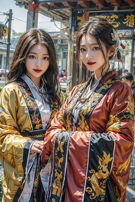 ((masterpiece), (best quality), ultra high res, (raw photo:1.2), (photorealistic:1.4), Exceptional detail, dramatic lighting, highres, 8k, absurdres, (multiple girls:1.5), upper body, (3+girls:1.3),CN_Girl1, Daoist_robe, black daoist_robe, red daoist_robe, purple daoist_robe, looking at viewer, Chinese temple, (outdoor:1.2), smile, different pose,
<lora:Daoist_Robe_v2-000003:0.7>,
<lora:cn_girl-000002:0.5>