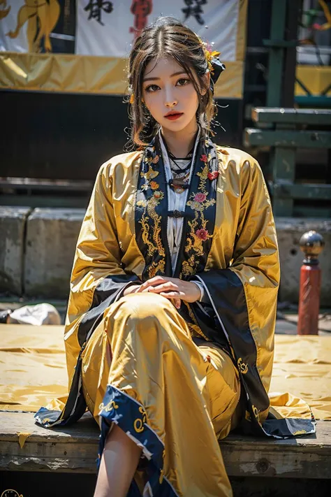 ((masterpiece), (best quality), ultra high res, (raw photo:1.2), (photorealistic:1.4), Exceptional detail, dramatic lighting, highres,   8k, absurdres, 1girl, CN_Girl1,  pretty girl, Daoist_robe, yellow daoist_robe, looking at viewer, cross leg, sitting,
<lora:Daoist_Robe_v2-000003:0.7>,
 <lora:cn_girl-000002:0.5>