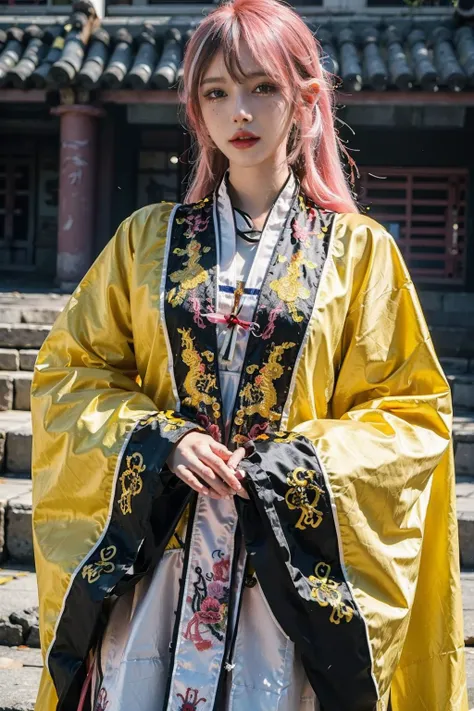 ((masterpiece), (best quality), ultra high res, (raw photo:1.2), (photorealistic:1.4), Exceptional detail, dramatic lighting, highres, 8k, absurdres, solo,
CNGirl_2, 1girl, ((pink hair)), close up, daoist_robe, yellow daoist robe, Chinese Temple, fantasy, incense, long hair, looking at viewer,
<lora:CNGirl_2_20-000002:0.7> <lora:Daoist_Robe_v2-000003:0.7>