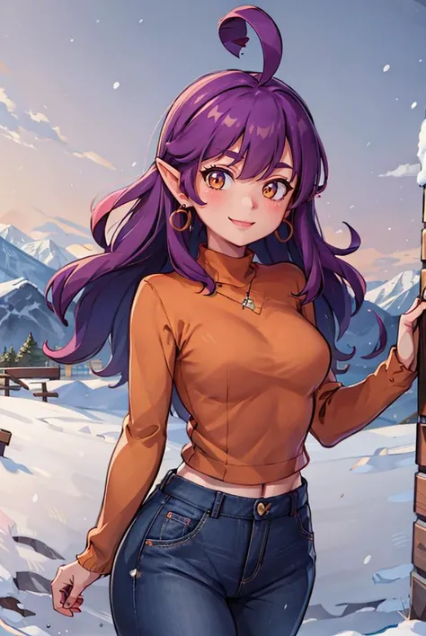 (masterpiece, best quality, beautiful detailed eyes, intricate details), 4k
1girl, solo, outdoors, snow, mountainous horizon, cowboy shot,
pants, (white sweater:1.2), winter clothes,
<lora:Stardust_Pumpkins_Citron_OC_Anime:0.8>, Stardust_Pumpkins_Citron_OC, smiling, blushing,
1girl, solo, long purple hair, orange eyes, ahoge, pointy ears,