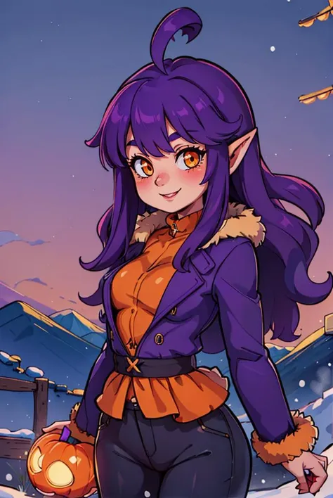 (masterpiece, best quality, beautiful detailed eyes, intricate details), 4k
1girl, solo, outdoors, snow, mountainous horizon, cowboy shot,
pants, winter clothes, (purple open fur coat:1.5),
<lora:Stardust_Pumpkins_Citron_OC_Anime:0.8>, Stardust_Pumpkins_Citron_OC, smiling, blushing,
1girl, solo, long purple hair, orange eyes, ahoge, pointy ears,