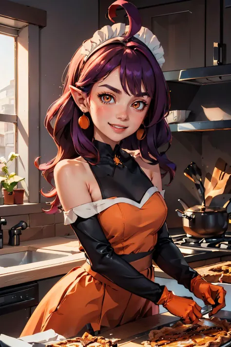 Stardust_Pumpkins_Citron_OC, maid headdress, jewelry, long purple hair, orange eyes, ahoge, pointy ears, orange dress, black elbow gloves, bare shoulders, looking at viewer, happy, smiling, teeth, blush,
inside a apartment kitchen, cooking, cooking a pastry, pecan pie, playful ambiance, extreme detail, masterpiece, <lora:Stardust_Pumpkins_Citron_OC_Anime:.7>