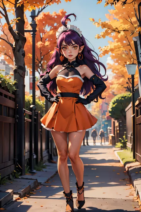 Stardust_Pumpkins_Citron_OC, maid headdress, jewelry, earrings, long purple hair, orange eyes, ahoge, pointy ears, orange dress, elbow gloves, bare shoulders, looking at viewer, serious, standing,full body shot, hands on hips, outside, park, trees, autumn, extreme detail, masterpiece, <lora:Stardust_Pumpkins_Citron_OC_Anime:.7>